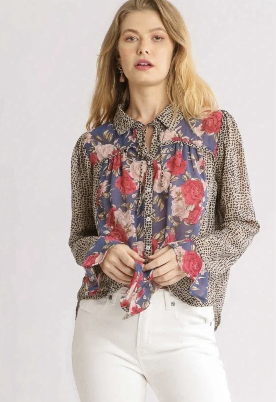 Umgee Leopard And Floral Print Semi Sheer Long Sleeve Blouse Small Boho
